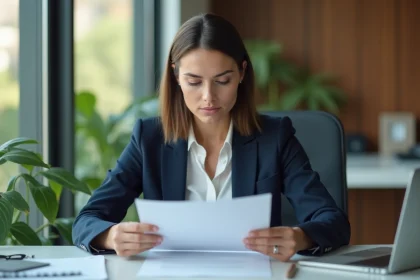 Femme d'affaires en blazer navy examine des documents