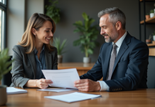 Paiement courtier hypothécaire : Qui est concerné ? Femme d affaires examinant un contrat de prêt immobilier