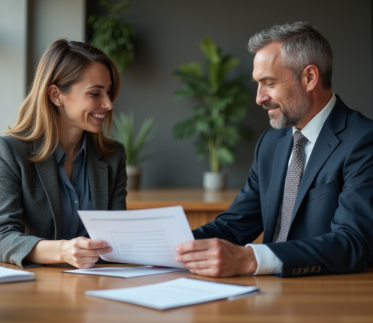 Paiement courtier hypothécaire : Qui est concerné ? Femme d affaires examinant un contrat de prêt immobilier