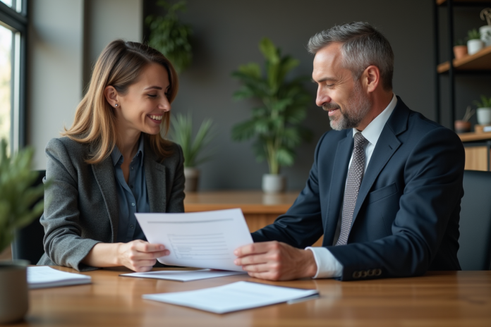Femme d affaires examinant un contrat de prêt immobilier