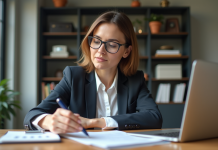 Femme d'affaires examinant des documents hypothécaires dans un bureau moderne