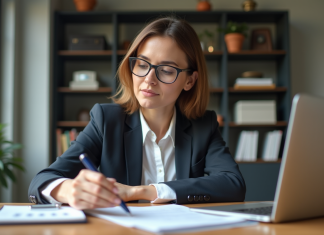 Meilleur terme pour hypothèque : comment choisir et décider ? Femme d'affaires examinant des documents hypothécaires dans un bureau moderne