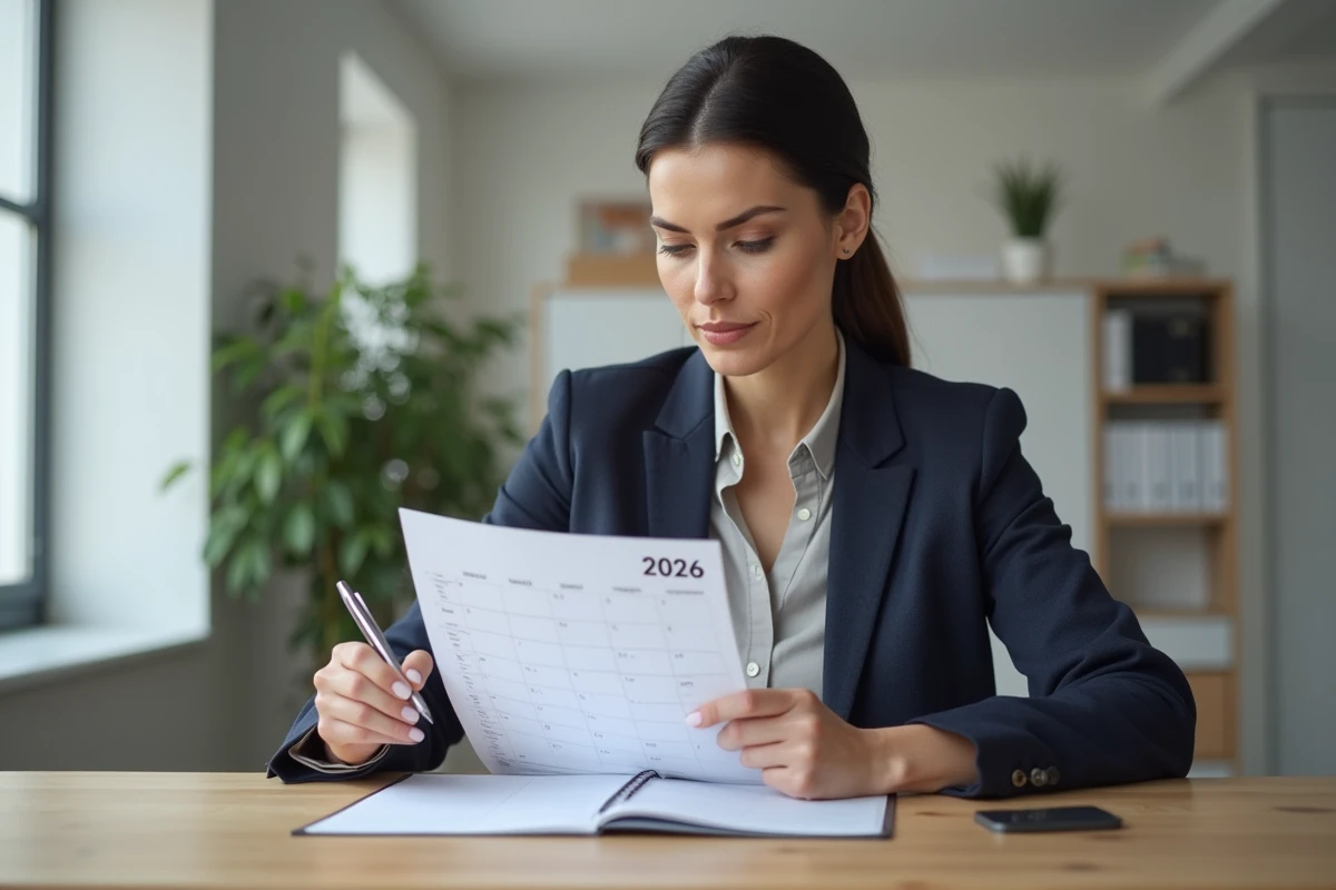 Femme consultant un agenda annuel 2026 avec numéros de semaines paires sur un bureau épuré