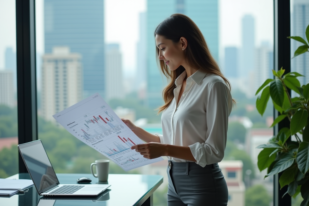 Jeune femme professionnelle analysant des graphiques financiers