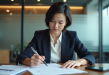 Femme professionnelle examinant des documents de prêt immobilier