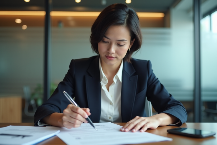 Femme professionnelle examinant des documents de prêt immobilier