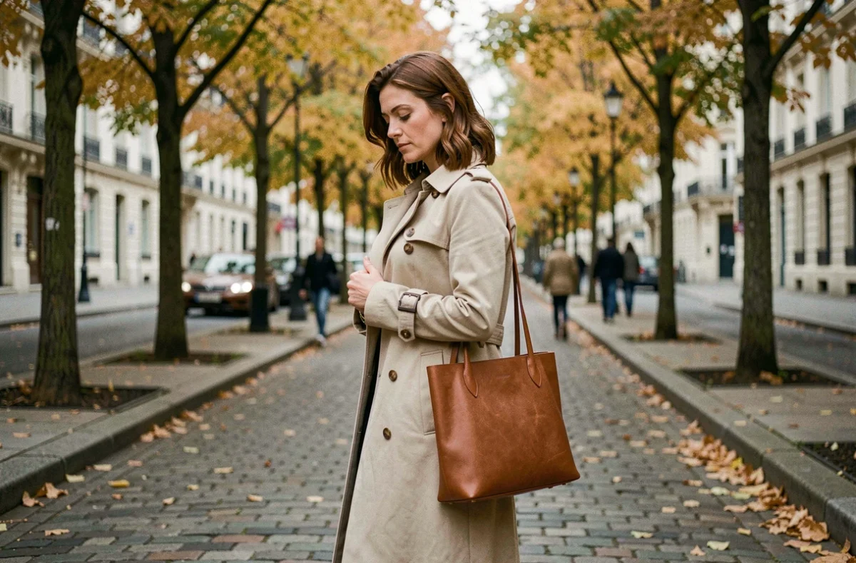 Femme marchant seule sur un boulevard parisien automnal, évoquant la discrétion et l'anonymat malgré la vie publique