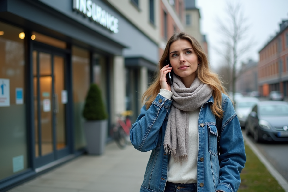 Femme parlant au téléphone devant une agence d
