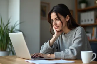 Femme consultant des avis d'utilisateurs sur Fusov depuis son bureau à domicile