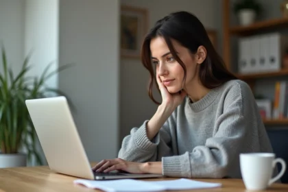 Femme consultant des avis d'utilisateurs sur Fusov depuis son bureau à domicile