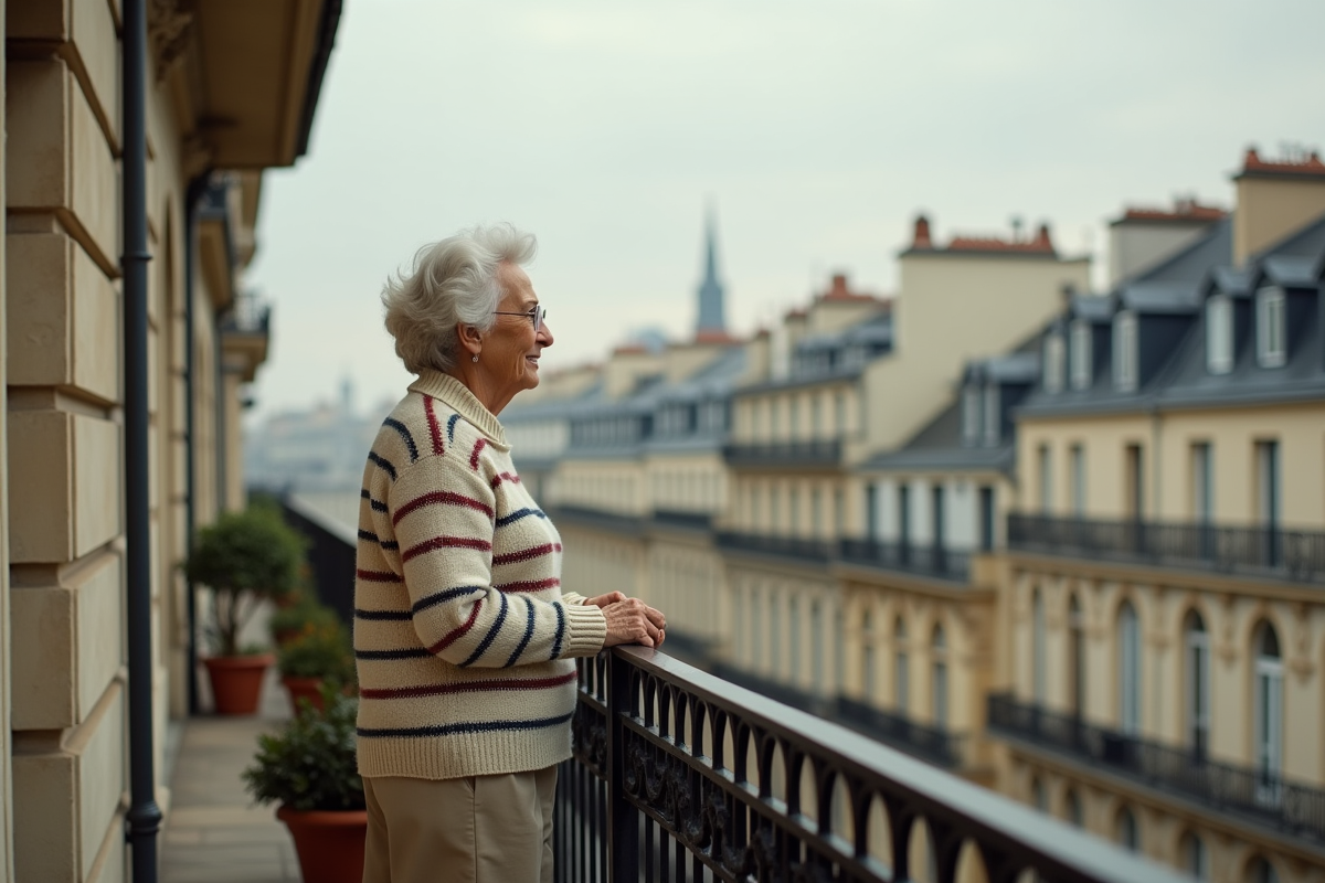 Femme retraitée regardant la ville depuis son balcon parisien