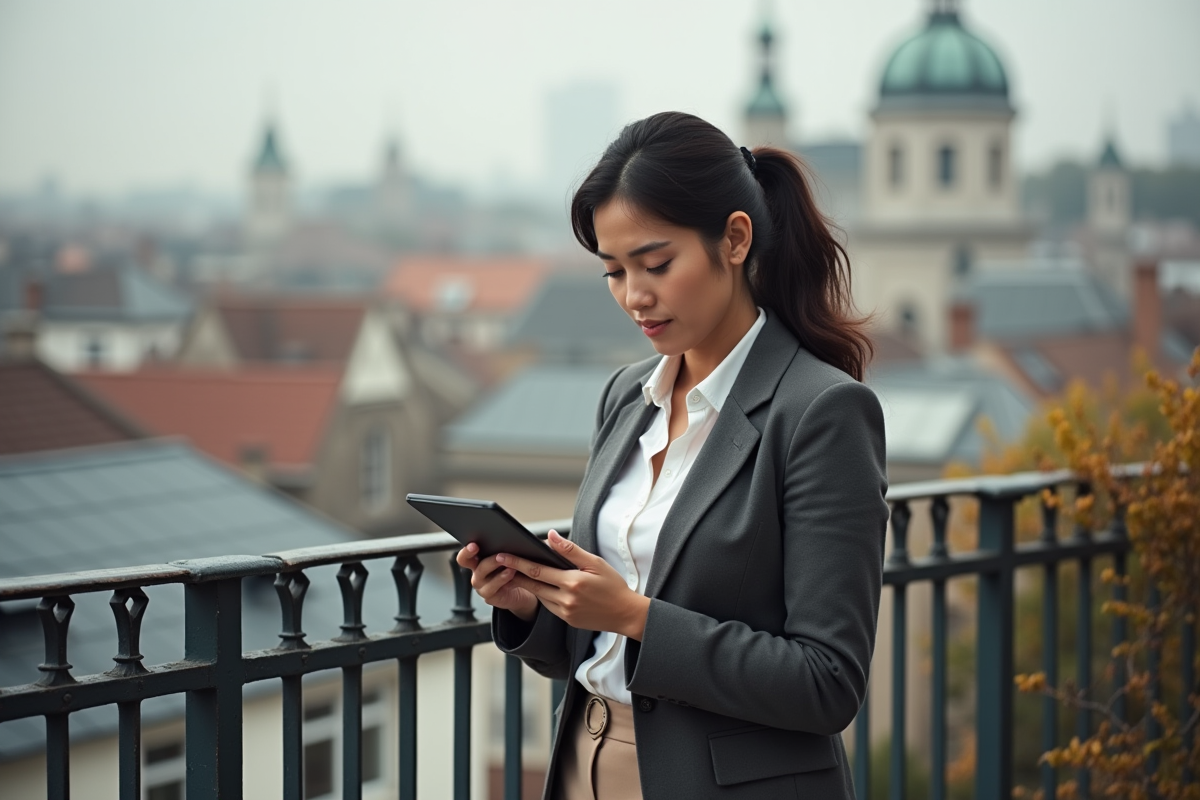 Jeune femme sur un balcon vérifiant un rapport immobilier