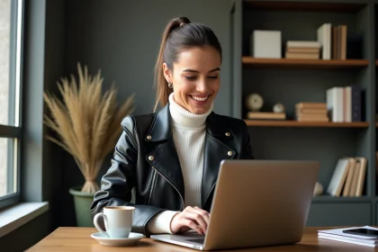 Femme élégante travaillant sur son ordinateur dans un bureau cosy