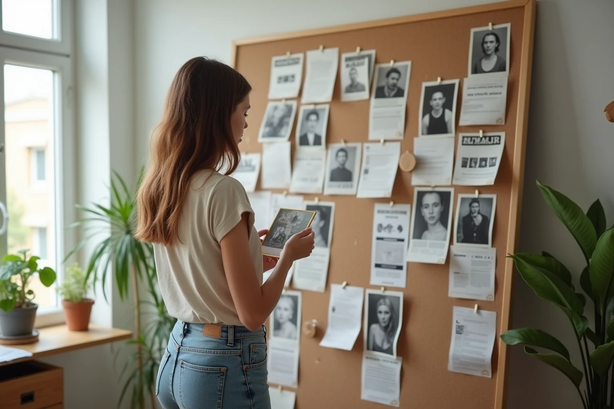 Femme regardant un tableau de memés et captures d