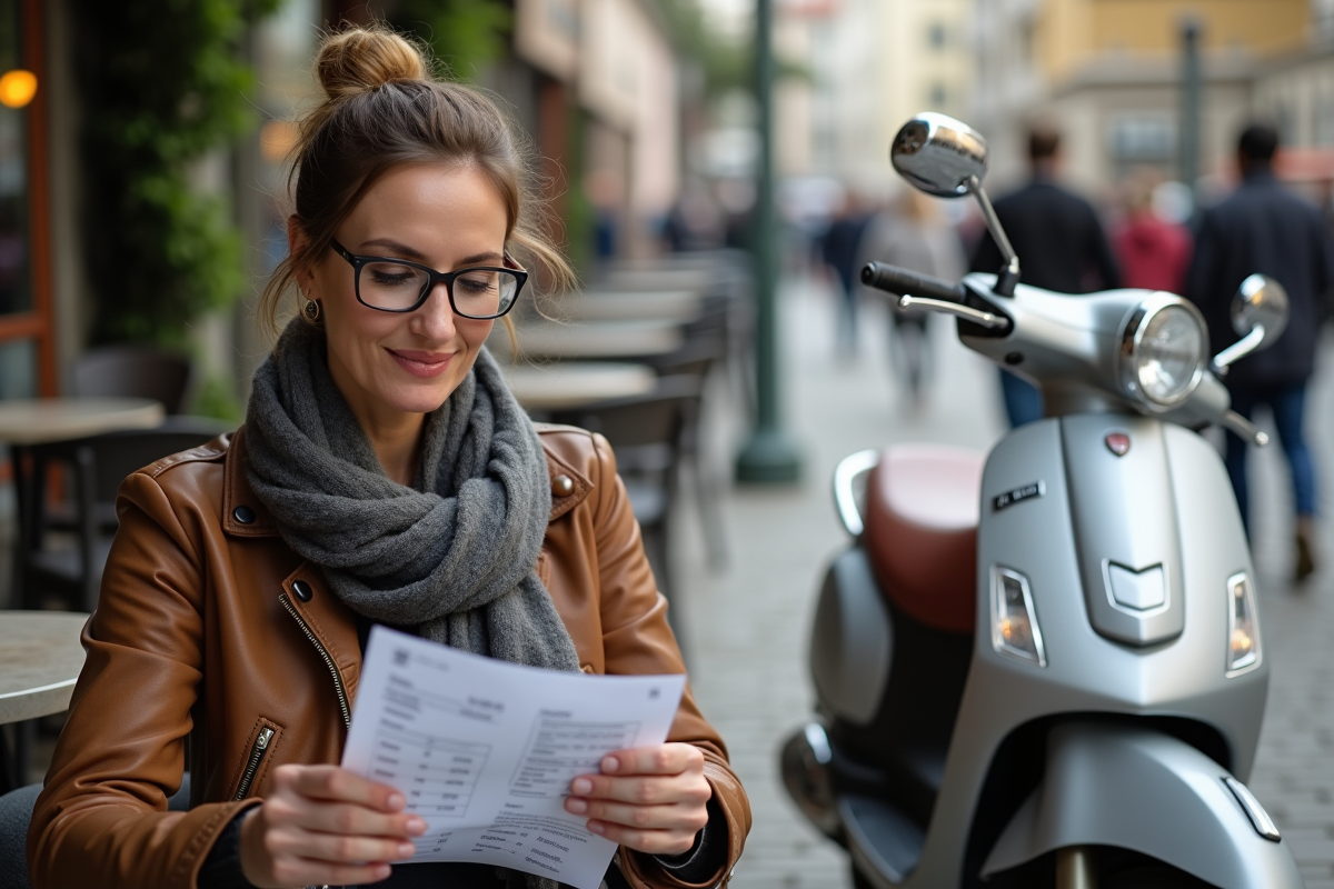 Femme assise au café consulte une liste de prix pour motos 50cc