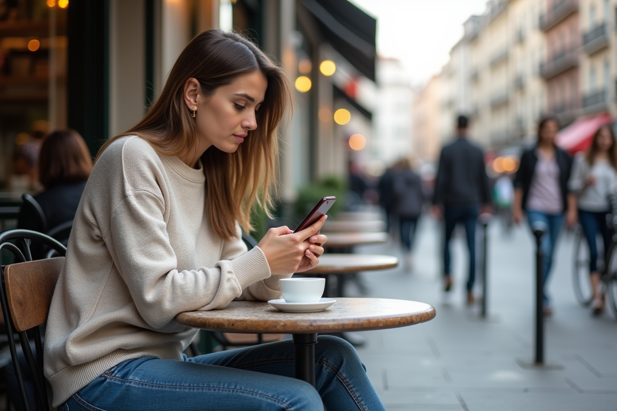 Femme vérifiant valeurs immobilières sur smartphone en terrasse urbaine