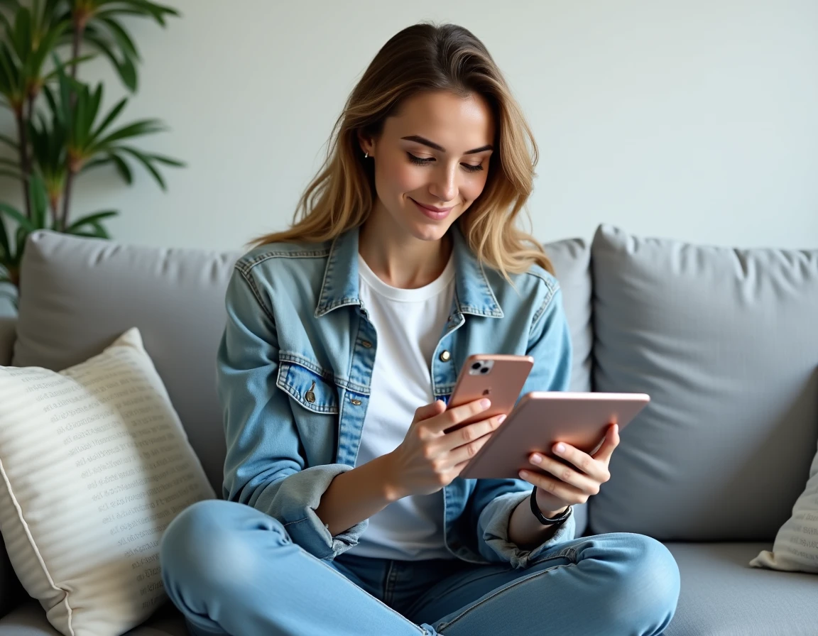 Femme comparant les caractéristiques d'un iPhone 1 sur une annonce en ligne depuis son salon