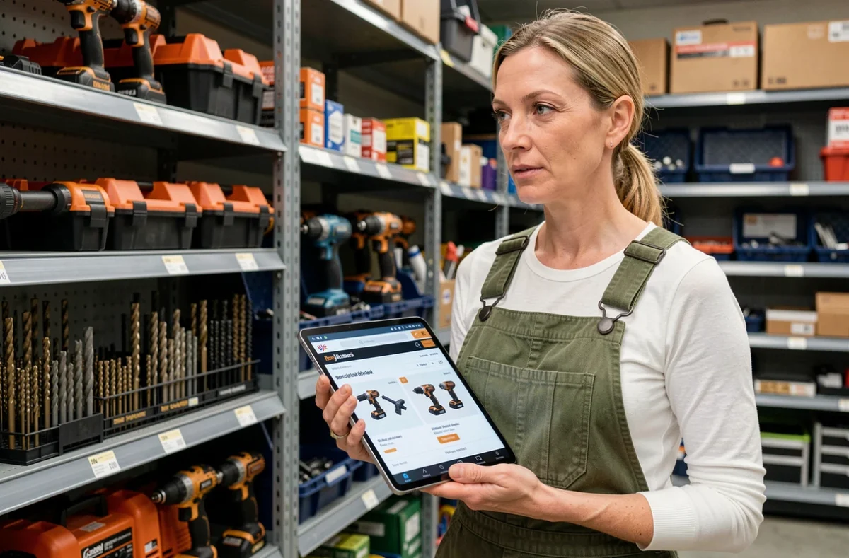 Femme consultant un comparatif de sites d'outillage en ligne sur tablette dans une remise équipée d'étagères d'outils
