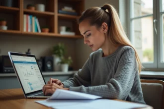 Femme consultant des documents financiers et un tableau de bord numérique sur ordinateur portable pour gérer ses données personnelles via un service type Aipdb