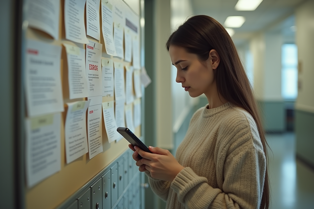 Jeune femme vérifiant des notes sur un tableau d