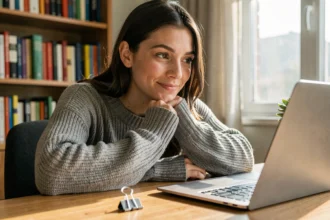 Jeune femme découvrant le jeu Paper Clip sur son ordinateur portable, posée à un bureau en bois avec un trombone argenté posé à côté du clavier