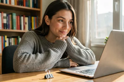 Jeune femme découvrant le jeu Paper Clip sur son ordinateur portable, posée à un bureau en bois avec un trombone argenté posé à côté du clavier