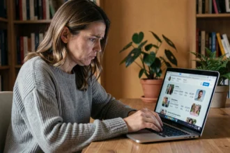 Femme inquiète analysant un faux profil sur les réseaux sociaux depuis son bureau à domicile