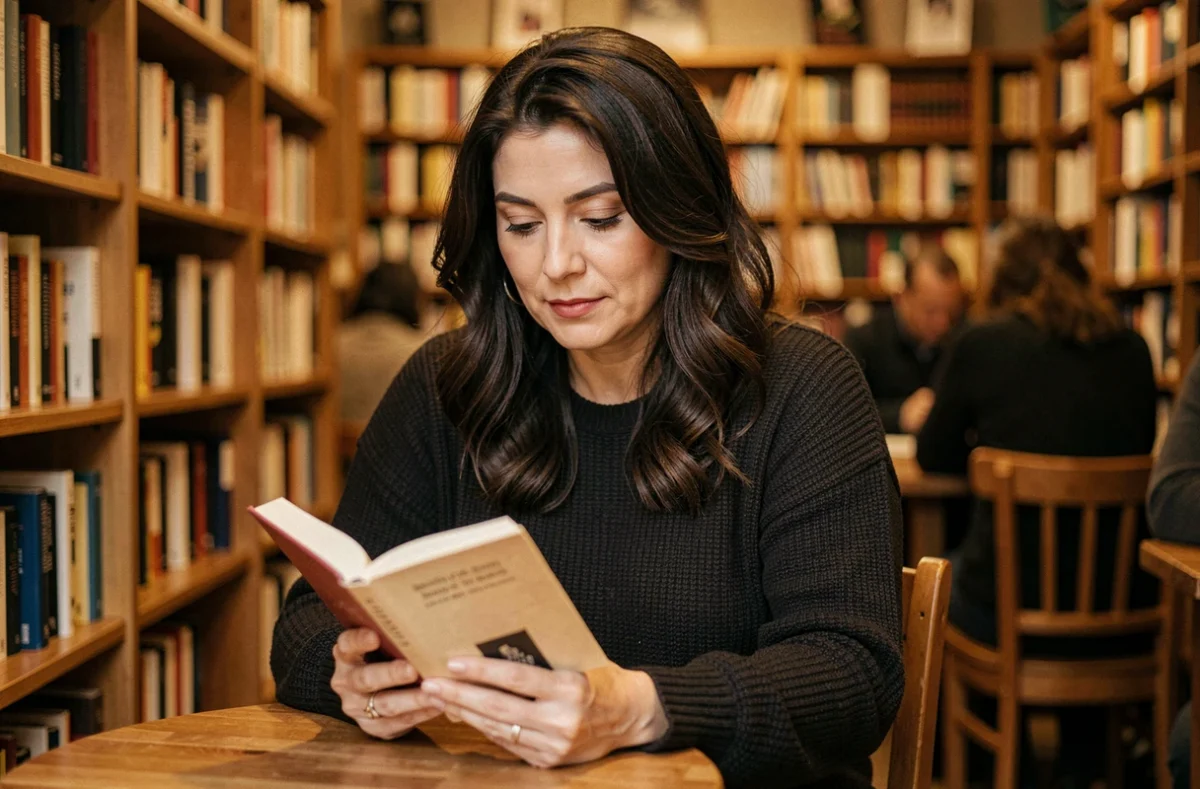 Femme lisant dans une librairie parisienne, illustration de la vie privée et de la discrétion face à la célébrité