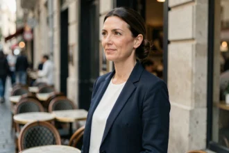 Femme élégante et discrète devant un café parisien, symbolisant la vie privée face à la notoriété médiatique