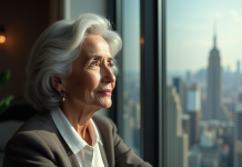 Femme élégante de 60 ans regardant par la fenêtre