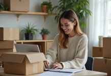 Emballage pour le travail à domicile, quelles compétences sont généralement demandées Femme emballant des cartons dans un salon lumineux