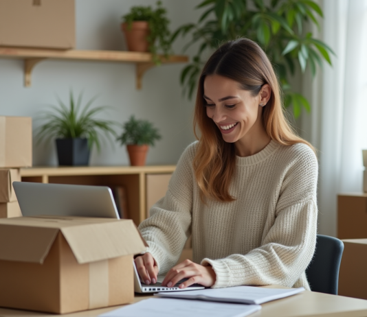 Emballage pour le travail à domicile, quelles compétences sont généralement demandées Femme emballant des cartons dans un salon lumineux