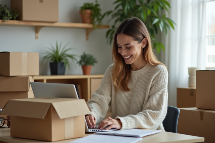 Femme emballant des cartons dans un salon lumineux