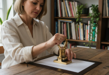 Un classique revisité : l’embosseur au service de la créativité Femme créative utilisant un embosseur à la maison