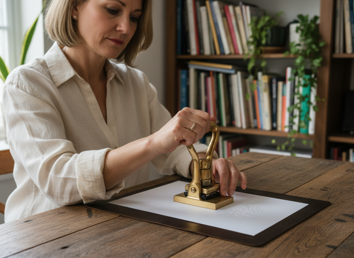 femme-embosseuse-studio-artisanal Femme créative utilisant un embosseur à la maison