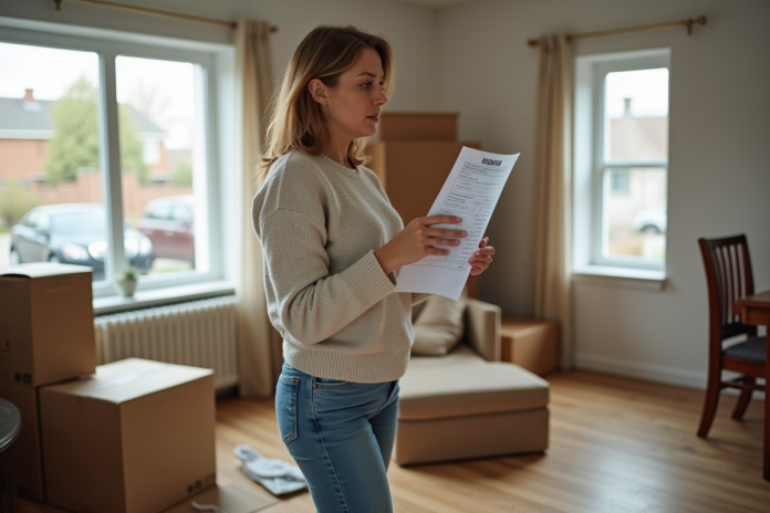 Femme d'âge moyen examine une estimation dans un salon encombré