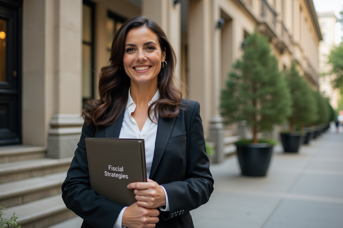 Femme souriante tenant un dossier de stratégies fiscales