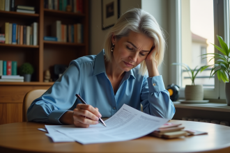 Femme française contemplant ses relevés bancaires à la maison