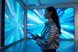 Femme contemplant une peinture futuriste dans une galerie d'art numérique en 2026