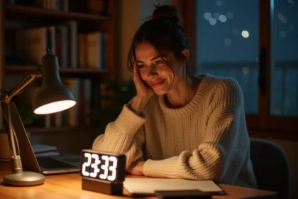 Femme contemplative regardant un réveil affichant 23h23 dans un bureau cosy la nuit, symbolisant la signification spirituelle de cette heure miroir