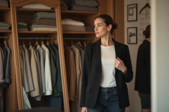 Femme analysant son style personnel devant un miroir dans un dressing organisé avant de renouveler sa garde-robe