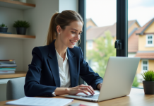 Femme professionnelle en bureau immobilier moderne
