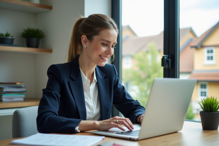 Femme professionnelle en bureau immobilier moderne