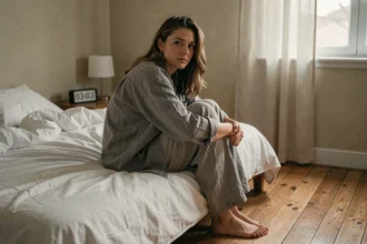 Femme introspective assise seule sur un lit à 03h03, illustrant les blocages émotionnels des flammes jumelles