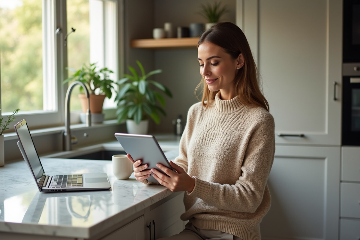 Femme détendue consulte des options d