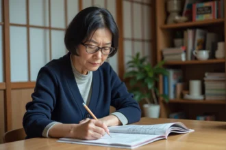 Femme japonaise résolvant des mots fléchés sur les villes du Japon dans un appartement de Tokyo