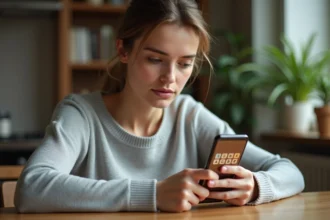 Femme jouant au jeu 4 Images 1 Mot sur smartphone avec des mots de 9 lettres affichés à l'écran