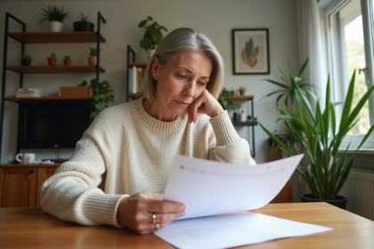 Femme d'âge moyen lisant des documents d'assurance dans un appartement lumineux