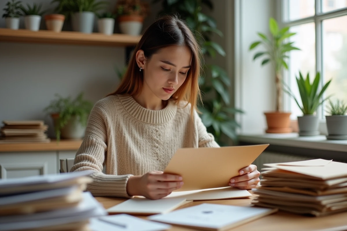 Jeune femme relisant une lettre dans sa cuisine