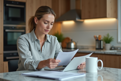 Femme moyenne âge consulte documents dans une cuisine moderne